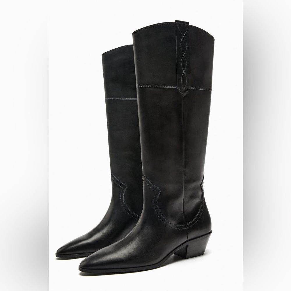 ZARA LEATHER COWBOY BOOTS NEW - Picture 9 of 11